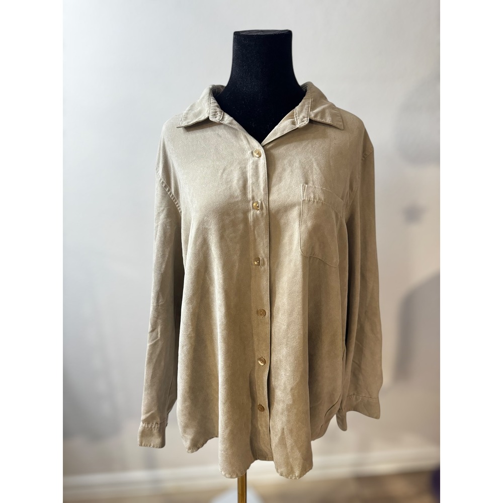 Womens Sonoma Beige Button Up Long Sleeve Shirt Relaxed Fit Casual Top Size L